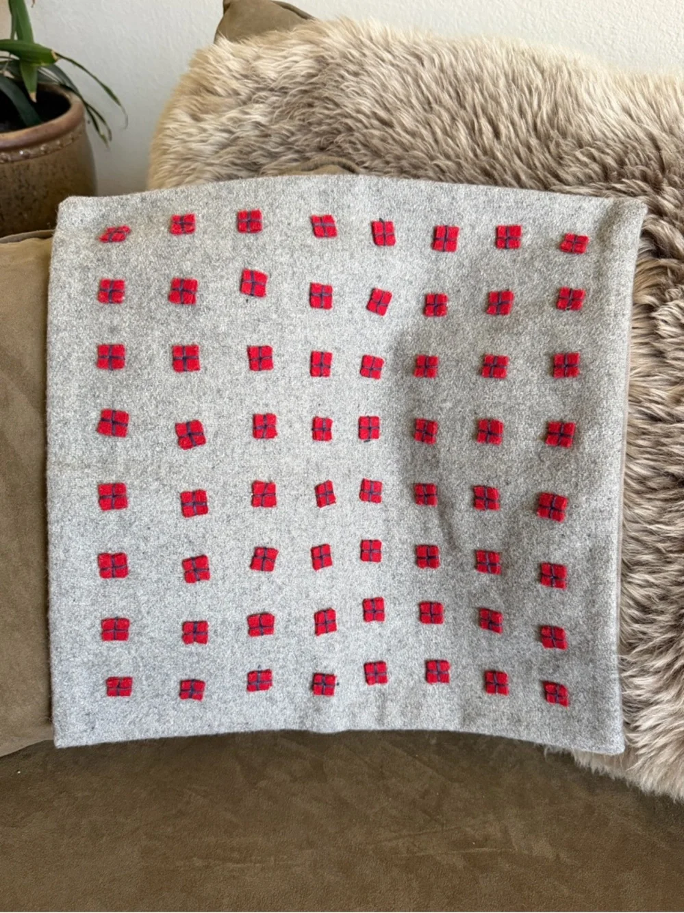 West Elm Gray Red Felt Presents Pillow Cover